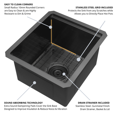 Zeek 15 x 17 Inch Gunmetal Undermount / Drop-In Workstation Sink for RV or Wet Bar 16G Stainless Steel ZW-B157