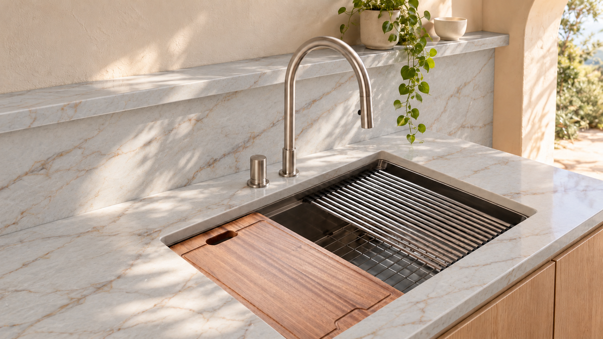 AI room concept: Arktik Kristall™ quartz in a kitchen; fixtures and styling are illustrative