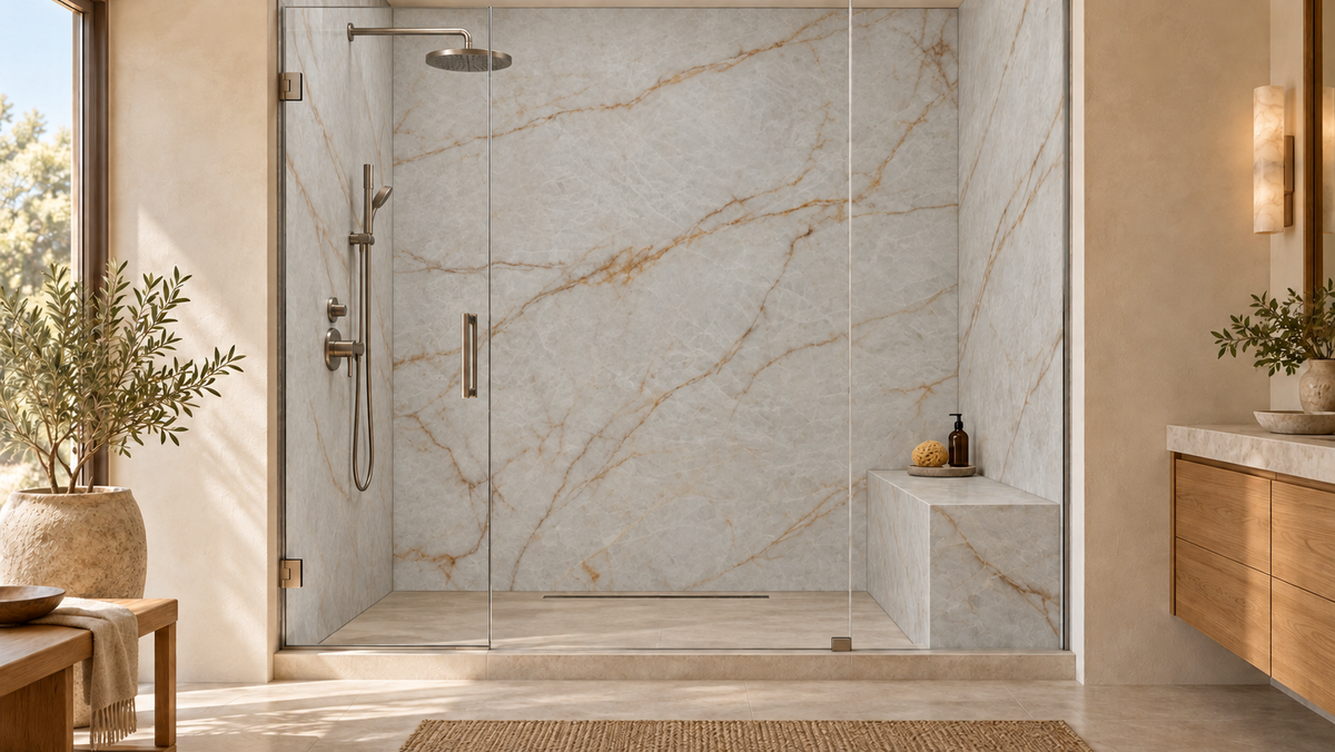 AI room concept: Arktik Kristall™ quartz in a shower; fixtures and styling are illustrative