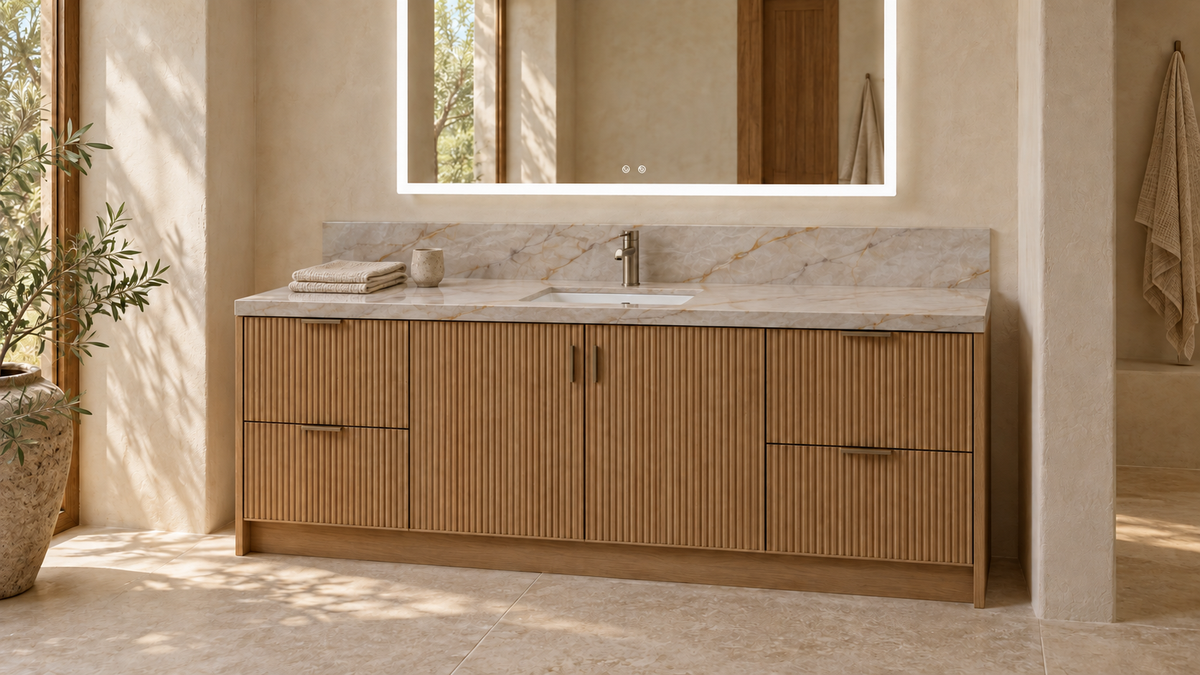 AI room concept: Arktik Kristall™ quartz on a floor-standing Tulum vanity with 6-inch backsplash and ZEEK MA4836 LED mirror; fixtures and styling are illustrative