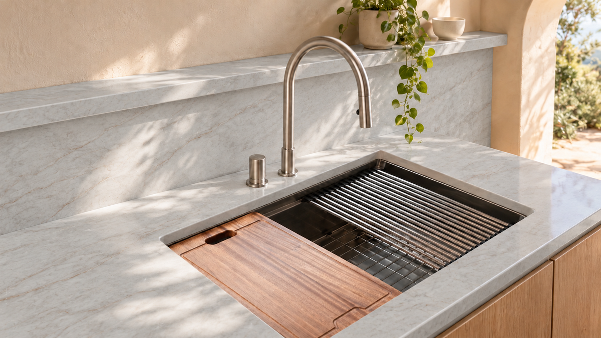 AI room concept: Solara Taj™ quartz in a kitchen; fixtures and styling are illustrative
