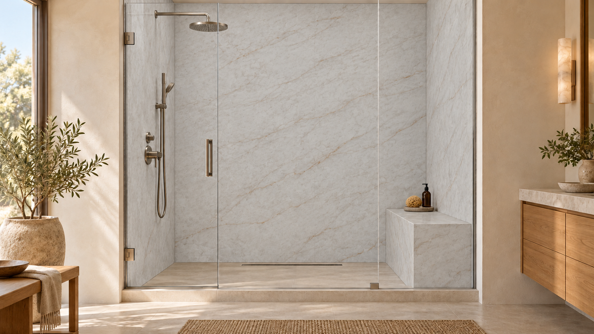 AI room concept: Solara Taj™ quartz in a shower; fixtures and styling are illustrative