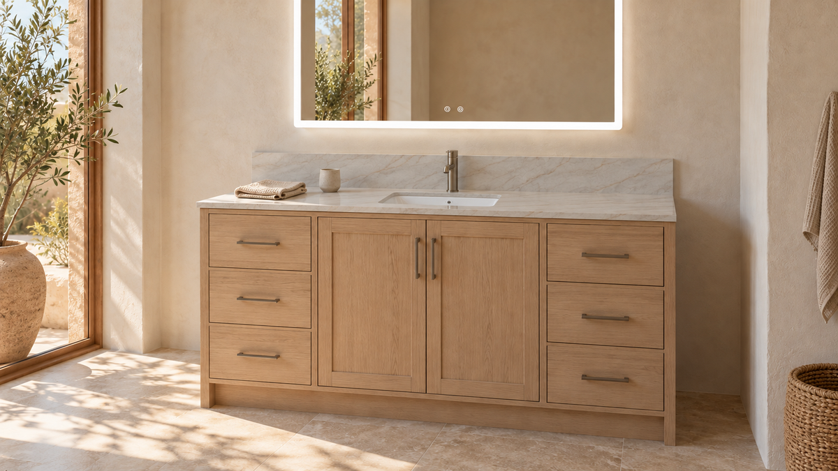 AI room concept: Solara Taj™ quartz on a floor-standing Tulum vanity with 6-inch backsplash and ZEEK MA4836 LED mirror; fixtures and styling are illustrative