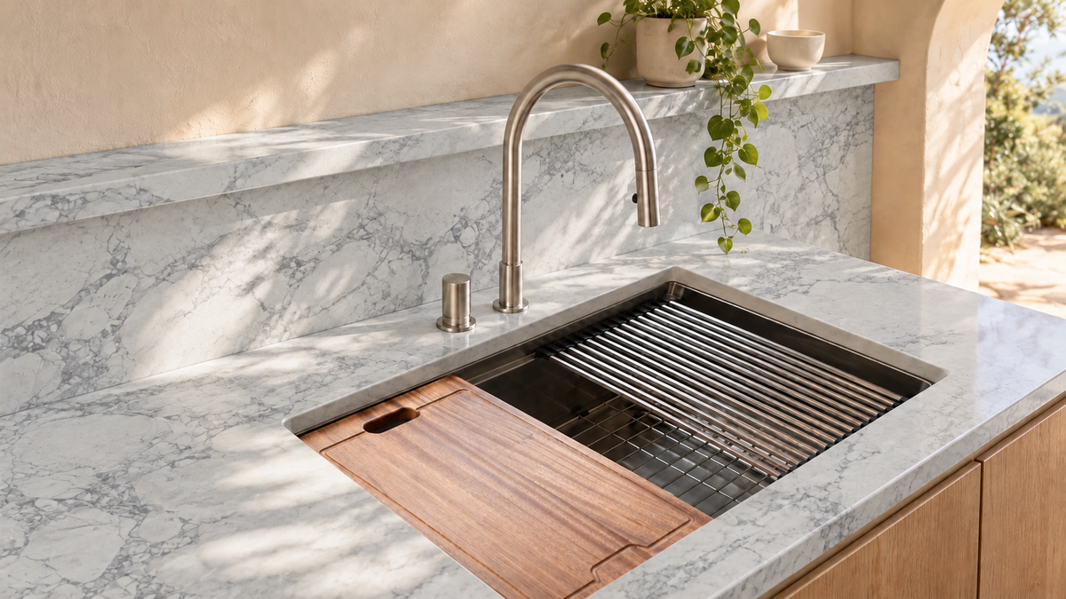 AI room concept: Super Blanca™ quartz in a kitchen; fixtures and styling are illustrative