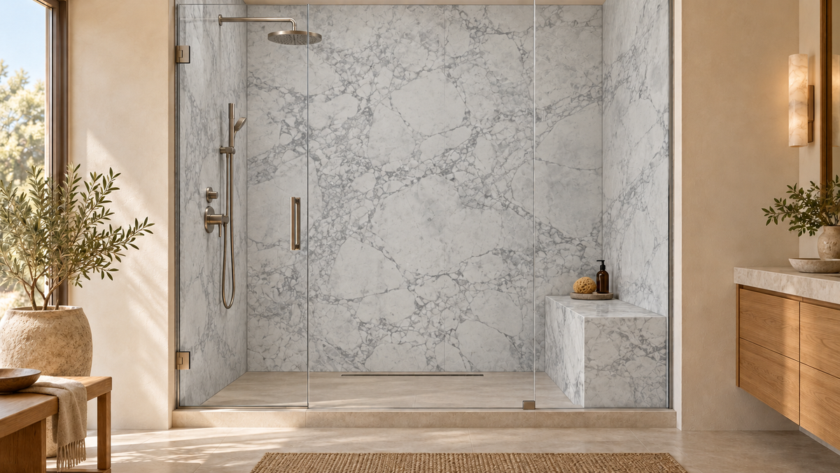 AI room concept: Super Blanca™ quartz in a shower; fixtures and styling are illustrative