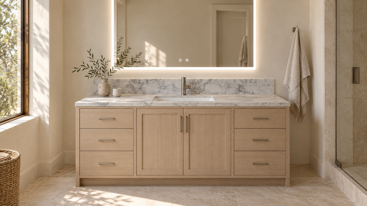 AI room concept: Super Blanca™ quartz on a floor-standing Tulum vanity with 6-inch backsplash and ZEEK MA4836 LED mirror; fixtures and styling are illustrative