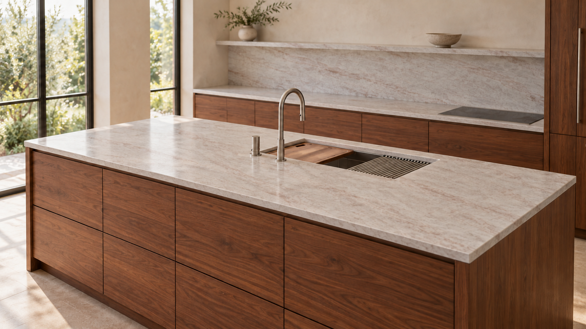 AI room concept: Volna Taj™ quartz in a kitchen; fixtures and styling are illustrative