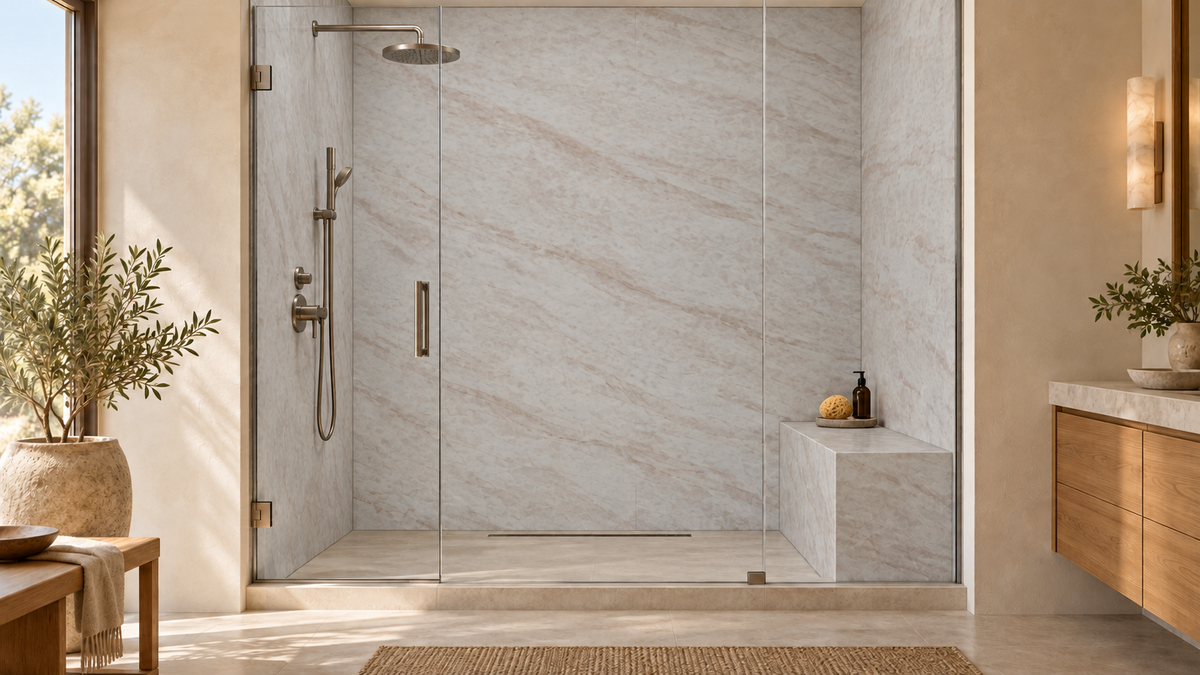 AI room concept: Volna Taj™ quartz in a shower; fixtures and styling are illustrative