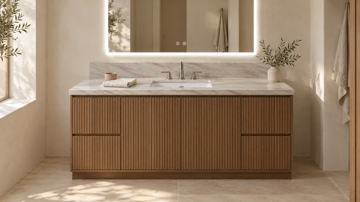 AI room concept: Volna Taj™ quartz on a floor-standing Tulum vanity with 6-inch backsplash and ZEEK MA4836 LED mirror; fixtures and styling are illustrative