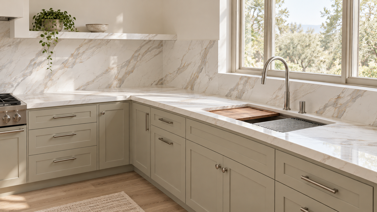 AI room concept: Zolota Cata™ quartz in a kitchen; fixtures and styling are illustrative