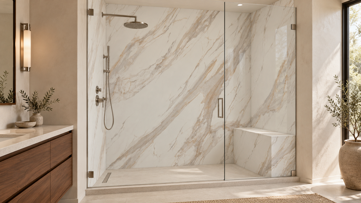 AI room concept: Zolota Cata™ quartz in a shower; fixtures and styling are illustrative