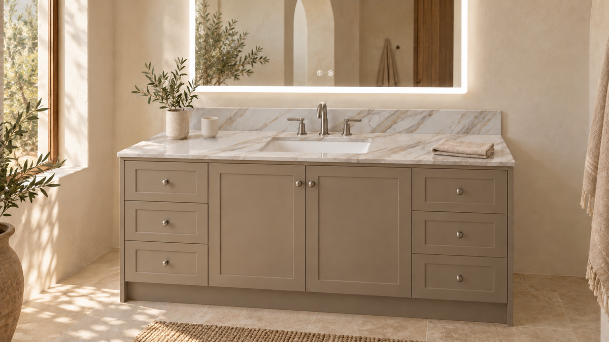 AI room concept: Zolota Cata™ quartz on a floor-standing Tulum vanity with 6-inch backsplash and ZEEK MA4836 LED mirror; fixtures and styling are illustrative