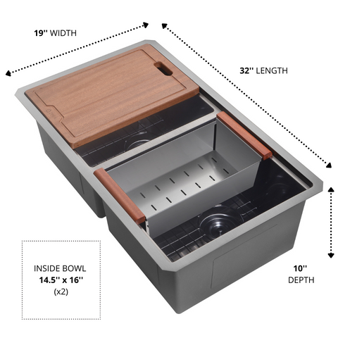 ZEEK 32" WORKSTATION DOUBLE BOWL GUNMETAL MATTE BLACK UNDERMOUNT / DROP-IN KITCHEN SINK WITH ACCESSORIES PVD NANO TECH COATING ENZO ZW-B509