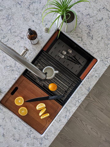 Zeek Colander for Undermount Ledge Sink with Wood Handles Gunmetal Finish UMC170