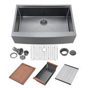 Zeek 33" Farmhouse Workstation Single Bowl Gunmetal Matte Black Kitchen Sink With Accessories PVD Nano Tech Coating ENZO ZA-B332