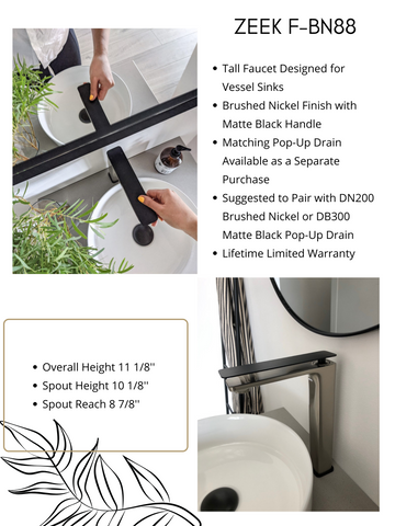 Zeek Brushed Nickel & Matt Black Handle Single Handle Tall Bathroom Faucet F-BN88