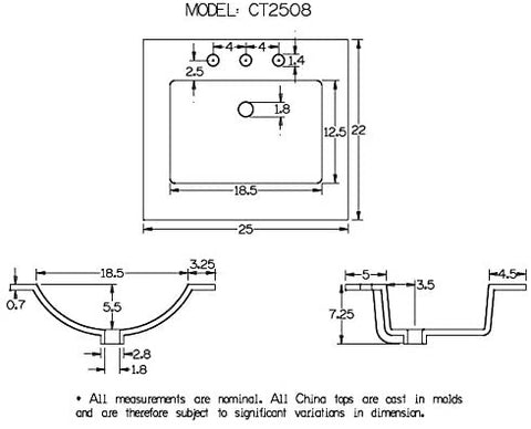 Zeek CT-2508 25" x 22" Vitreous China Ceramic Bathroom Vanity Top with Sink  - 3 Faucet Hole