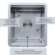 Zeek 15 x 17 Inch Undermount / Drop-In Workstation Sink for RV or Wet Bar 16G Stainless Steel ZH-1517