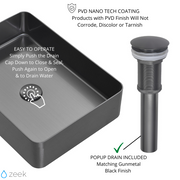Zeek 18”x13” Gunmetal Black Rectangular Vessel Bathroom Sink Stainless Steel PVD Nano Tech Coating ZN-B183
