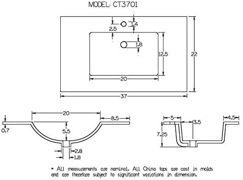 Zeek CT-3701 37" x 22" Vitreous China Ceramic Bathroom Vanity Top with Sink  - 1 Faucet Hole