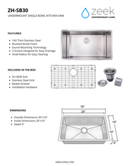 Zeek 30" Small Radius Undermount / Drop-In Single Bowl Kitchen Sink ZH-SB30
