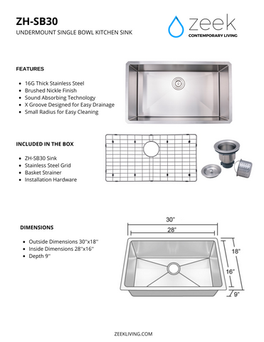 Zeek 30" Small Radius Undermount / Drop-In Single Bowl Kitchen Sink ZH-SB30
