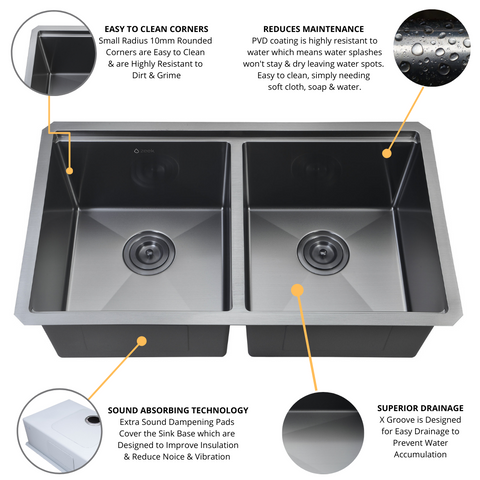ZEEK 32" WORKSTATION DOUBLE BOWL GUNMETAL MATTE BLACK UNDERMOUNT / DROP-IN KITCHEN SINK WITH ACCESSORIES PVD NANO TECH COATING ENZO ZW-B509