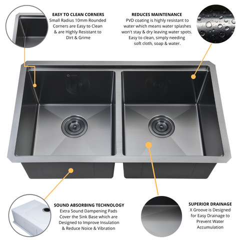 Zeek 32" Workstation Double Bowl Gunmetal Matte Black Undermount / Drop-In Kitchen Sink With Accessories PVD Nano Tech Coating ENZO ZW-B509