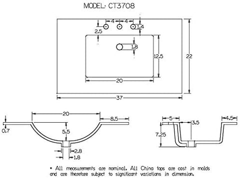 Zeek CT-3708 37" x 22" Vitreous China Ceramic Bathroom Vanity Top with Sink  - 3 Faucet Hole