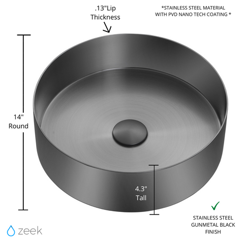 Zeek 14” Gunmetal Black Round Vessel Bathroom Sink Stainless Steel PVD Nano Tech Coating ZN-B144