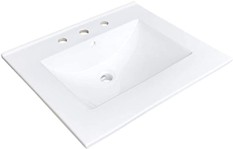 Zeek CT-2508 25" x 22" Vitreous China Ceramic Bathroom Vanity Top with Sink  - 3 Faucet Hole